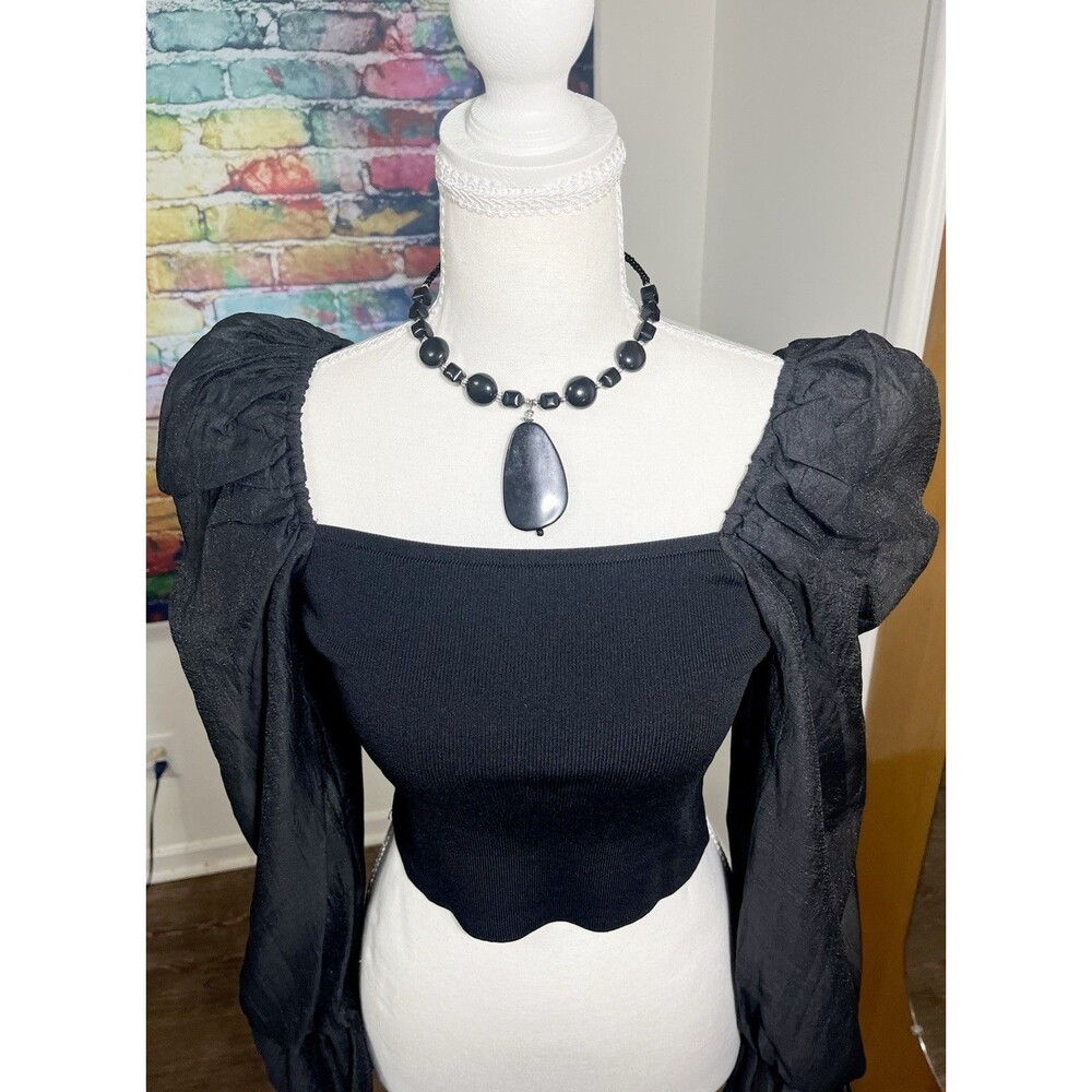 Miou Muse Y2K Women's Size M Fairy Crop Top Chiffon Sleeves Black Whimsigoth